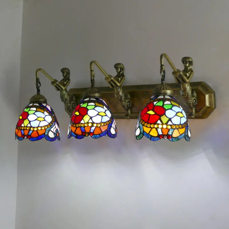 3 Light Wall Sconce Wall Lamp with Tiffany Stained Glass Bead Rose Lampshade - CTL