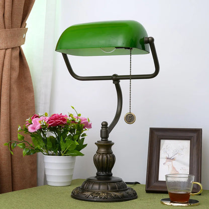 Vintage Tiffany Stained Glass Green Lampshade Retro Bankers Lamp Green Bedside Light - CTL