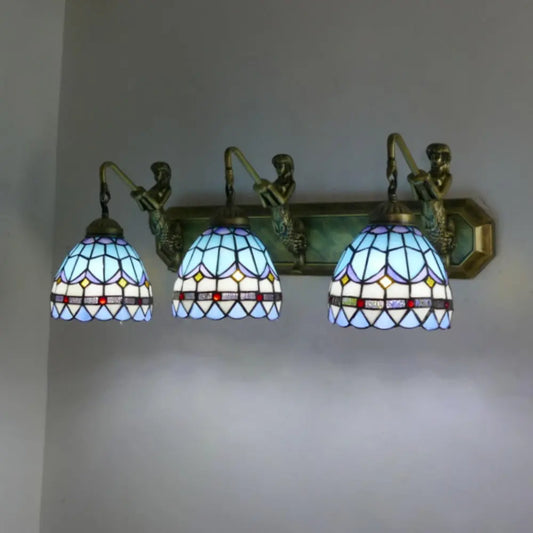 Tiffany Three Light Wall Sconce with Stained Glass Sea Blue Lampshade - CTL