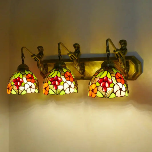Vintage Stained Glass Pastoral Floral Flower Tiffany 3 Light Sconce - CTL