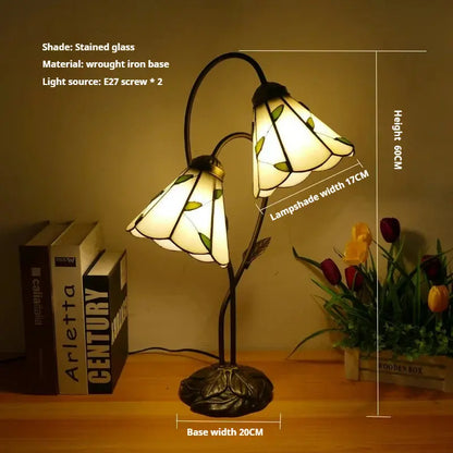 Vintage Stained Glass Flower Leaf Floral Lampshade Tiffany Desk Lamp - CTL